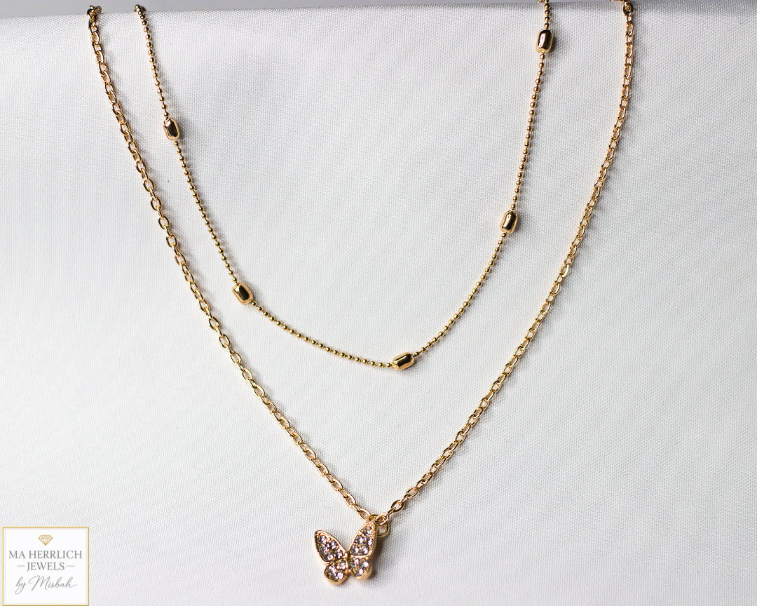 Gold Butterfly Double Chain Necklace