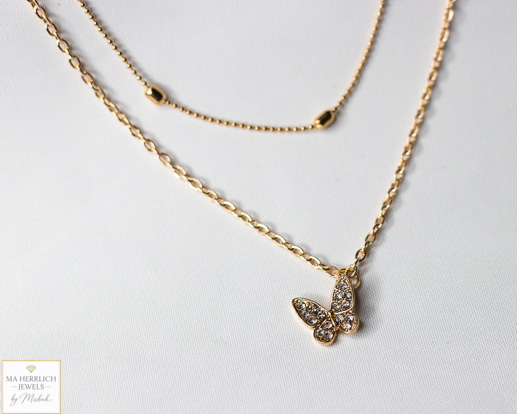 Gold Butterfly Double Chain Necklace