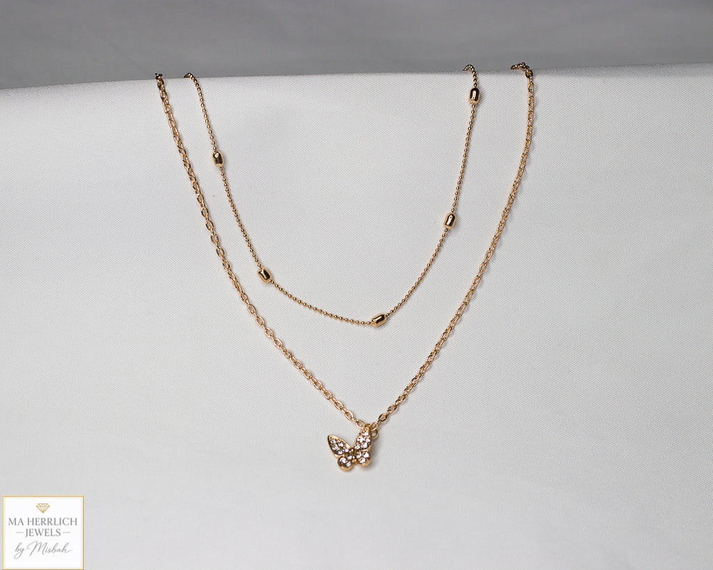Gold Butterfly Double Chain Necklace