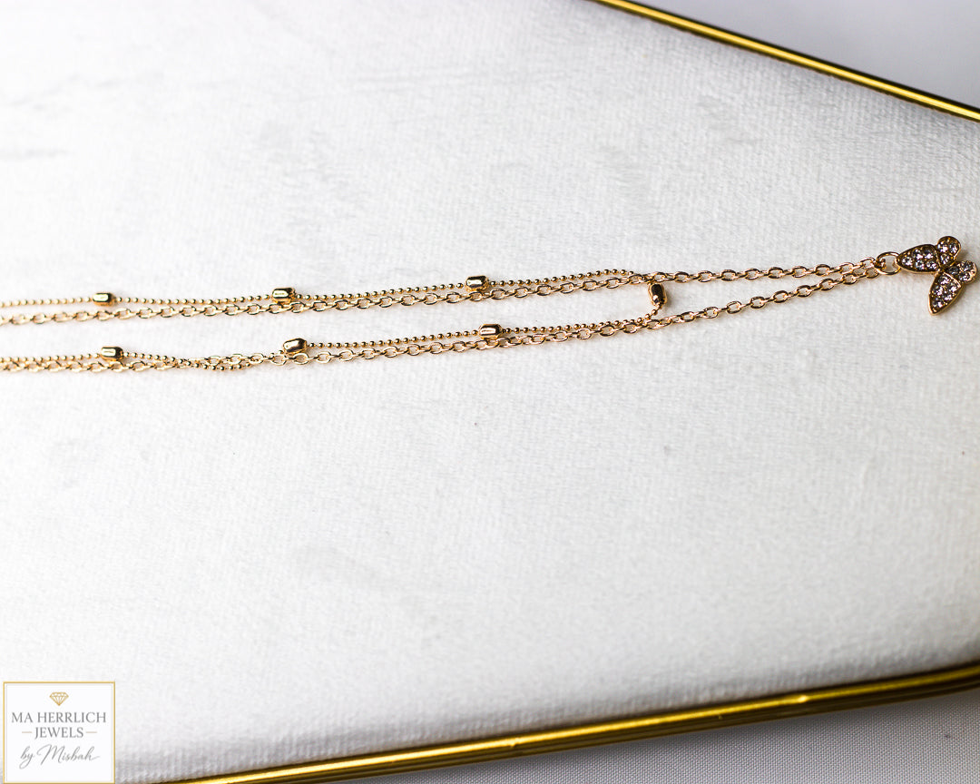 Gold Butterfly Double Chain Necklace