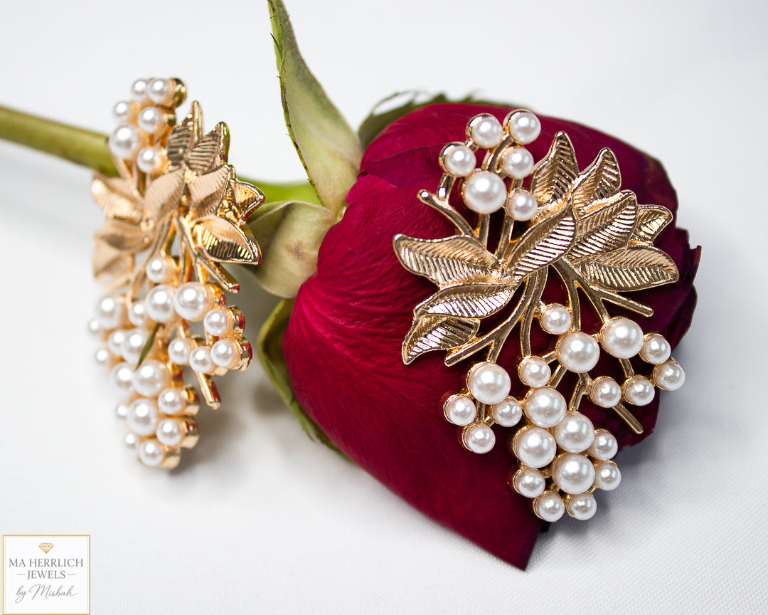 Pearl Tassel Gold Leaf Large Statement Earrings