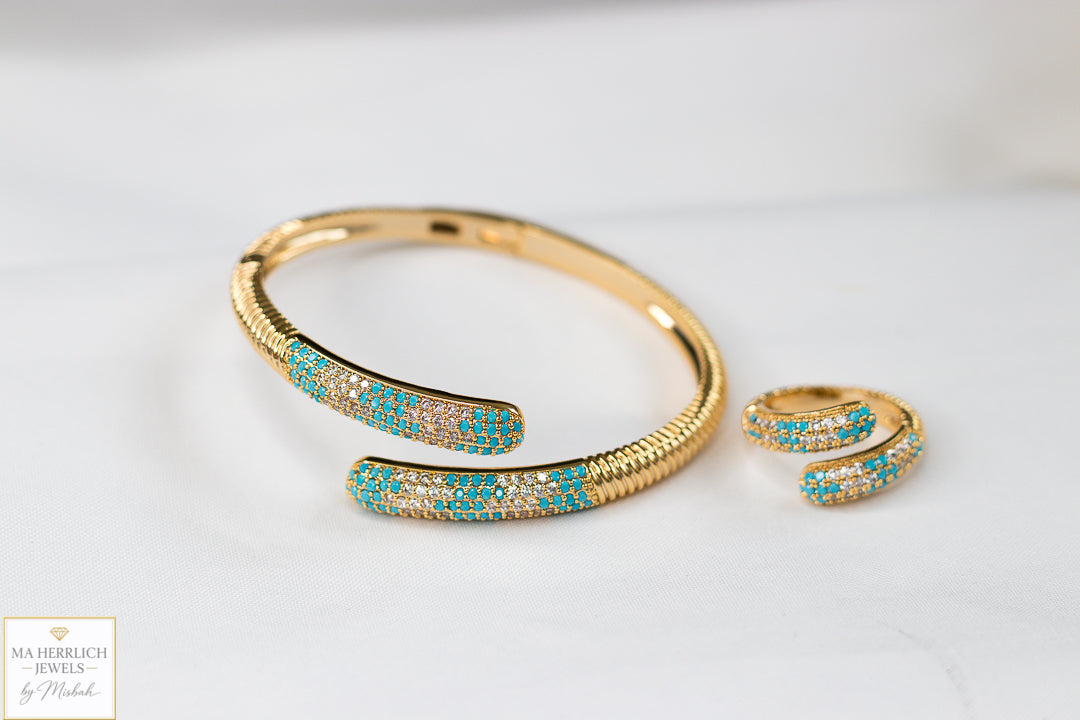 Turquoise & Crystal Embellished Bracelet & Ring Set