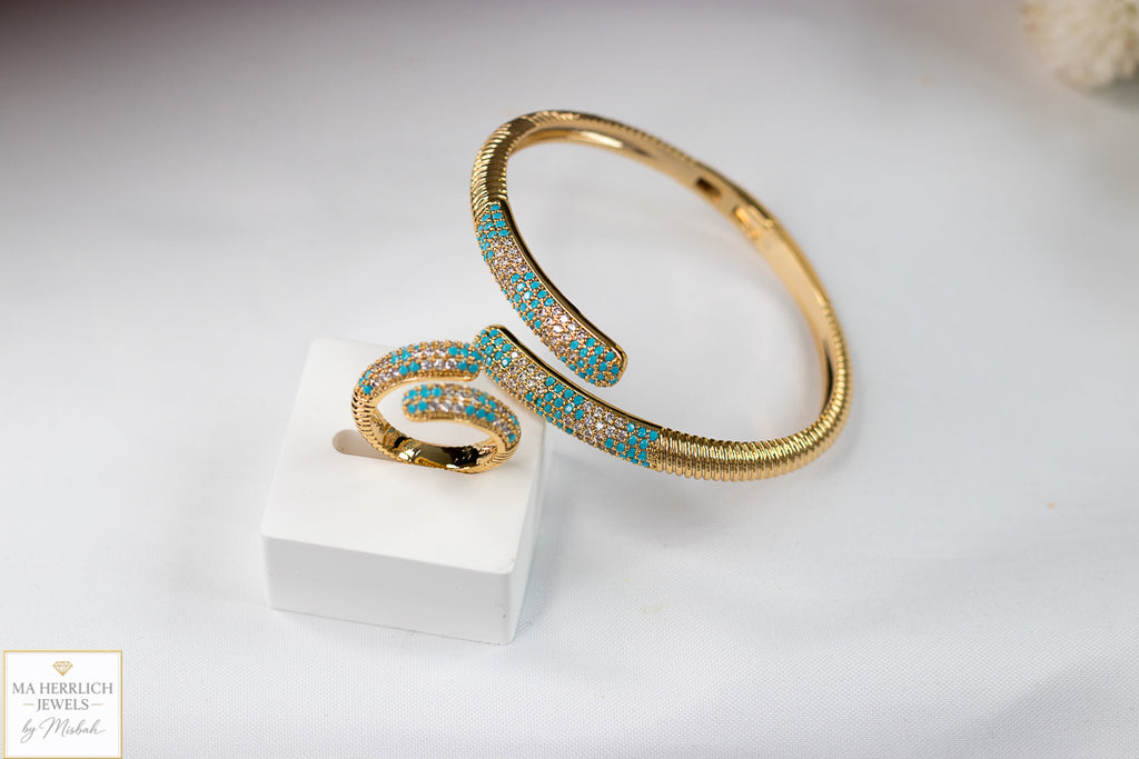 Turquoise & Crystal Embellished Bracelet & Ring Set