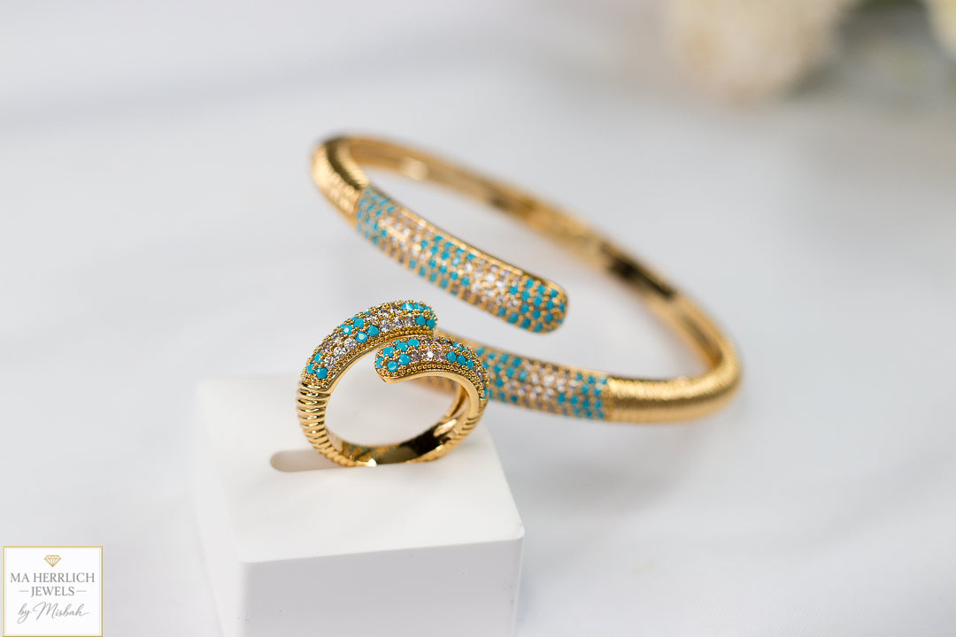 Turquoise & Crystal Embellished Bracelet & Ring Set