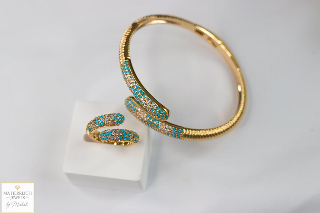 Turquoise & Crystal Embellished Bracelet & Ring Set