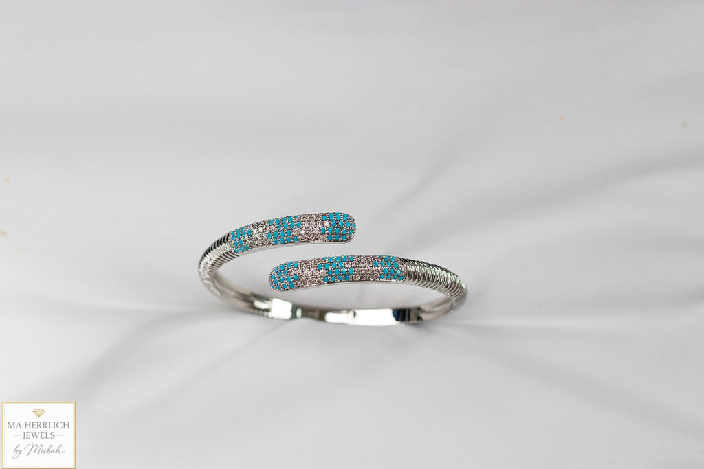 Turquoise Crystal Embellished Open Cuff Bracelet & Ring Set
