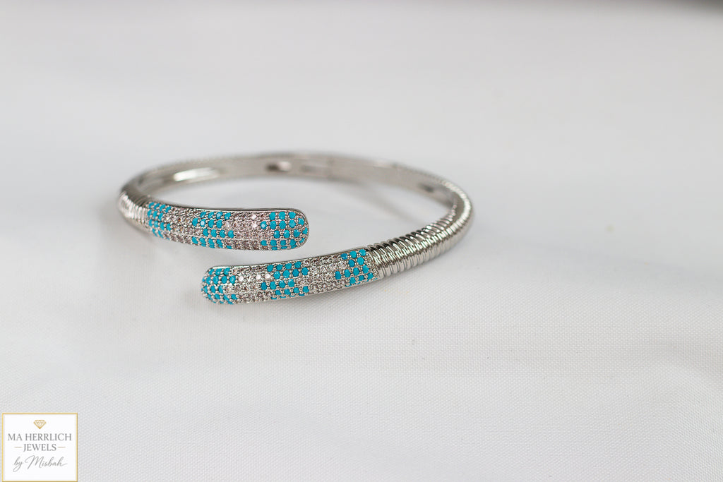 Turquoise Crystal Embellished Open Cuff Bracelet & Ring Set