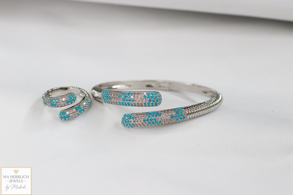 Turquoise Crystal Embellished Open Cuff Bracelet & Ring Set