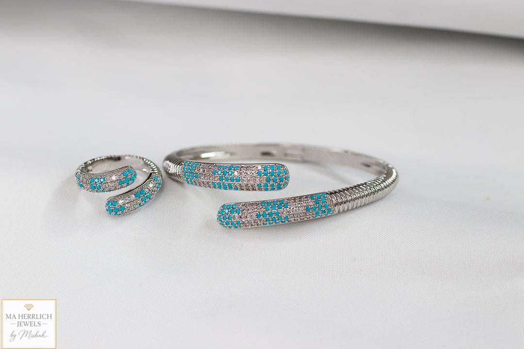 Turquoise Crystal Embellished Open Cuff Bracelet & Ring Set