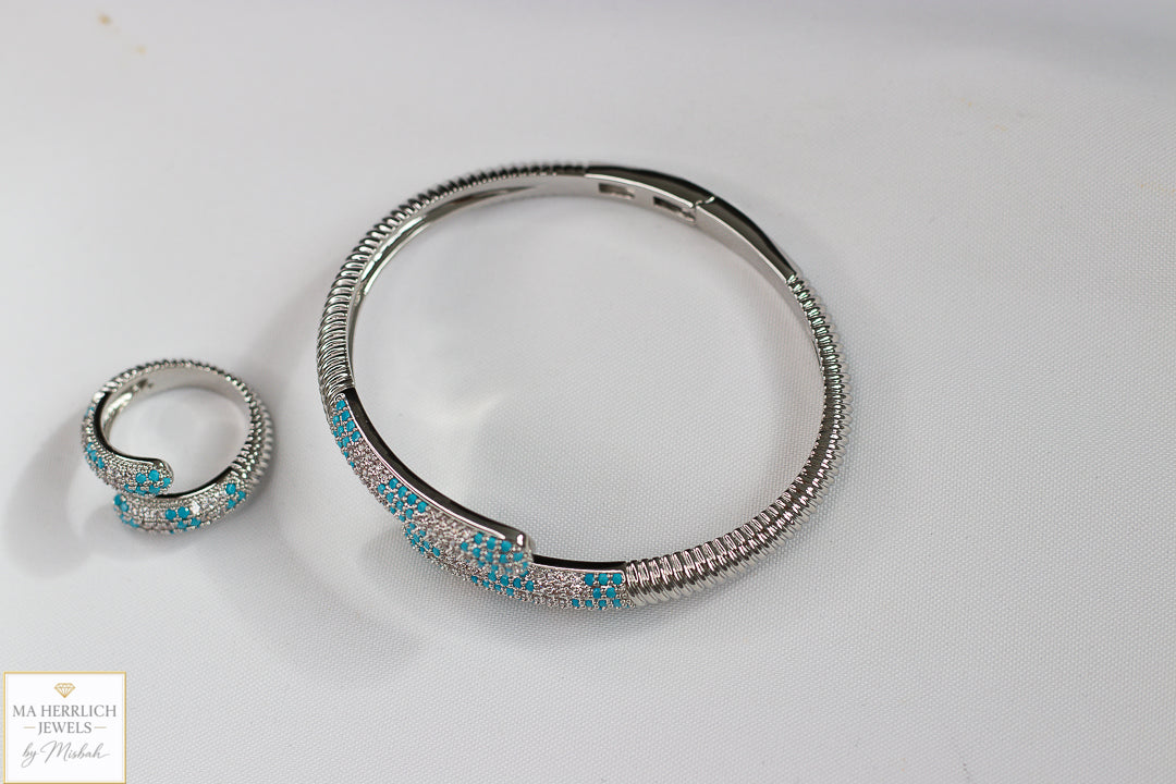 Turquoise Crystal Embellished Open Cuff Bracelet & Ring Set