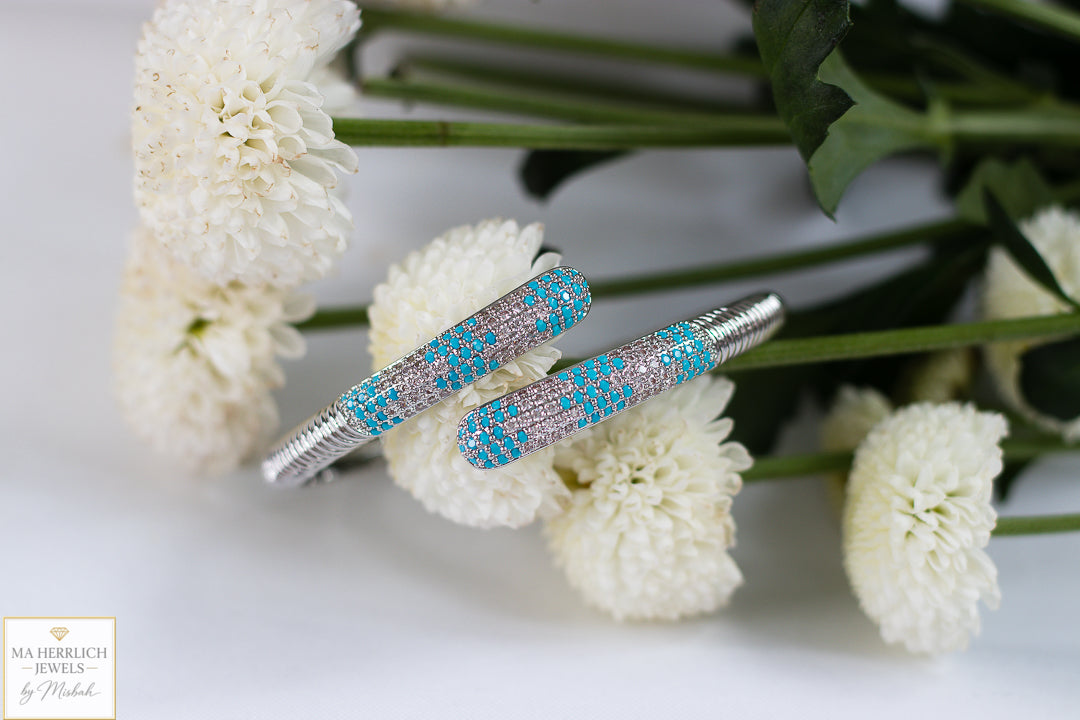 Turquoise Crystal Embellished Open Cuff Bracelet & Ring Set