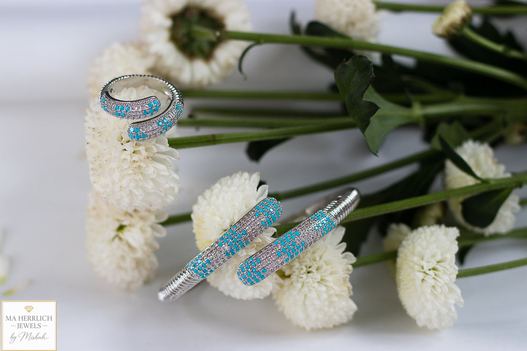 Turquoise Crystal Embellished Open Cuff Bracelet & Ring Set