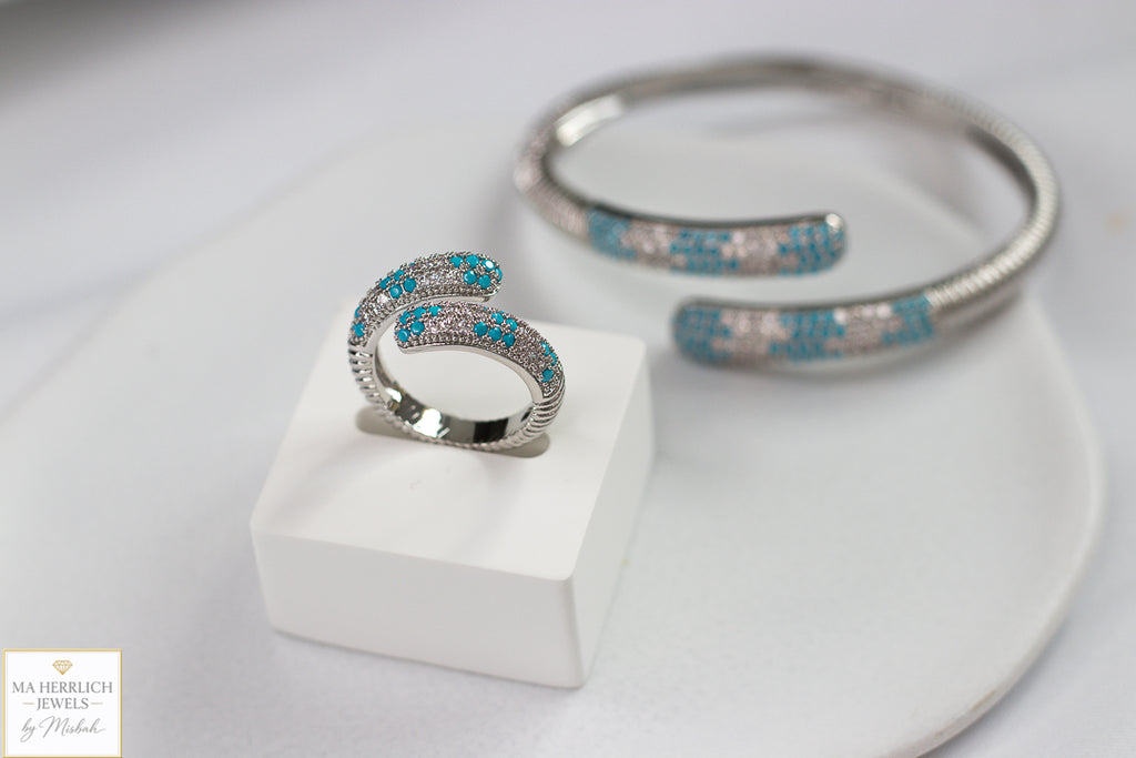 Turquoise Crystal Embellished Open Cuff Bracelet & Ring Set