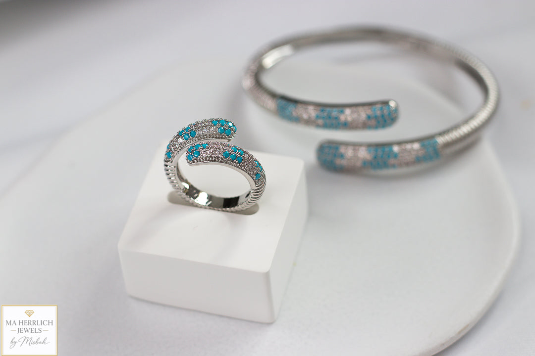 Turquoise Crystal Embellished Open Cuff Bracelet & Ring Set