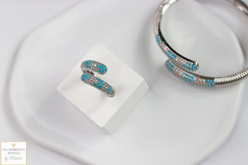 Turquoise Crystal Embellished Open Cuff Bracelet & Ring Set
