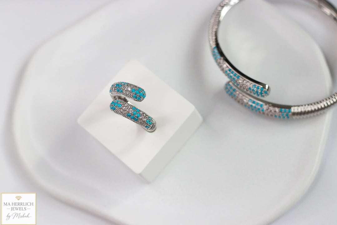 Turquoise Crystal Embellished Open Cuff Bracelet & Ring Set