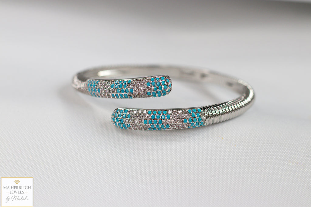 Turquoise Crystal Embellished Open Cuff Bracelet & Ring Set
