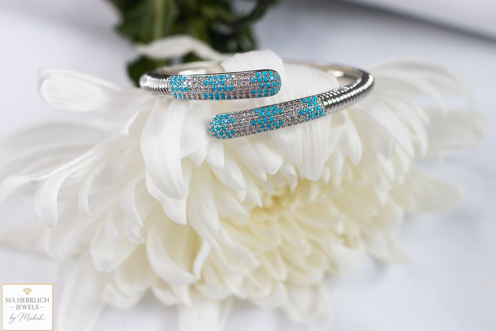 Turquoise Crystal Embellished Open Cuff Bracelet & Ring Set