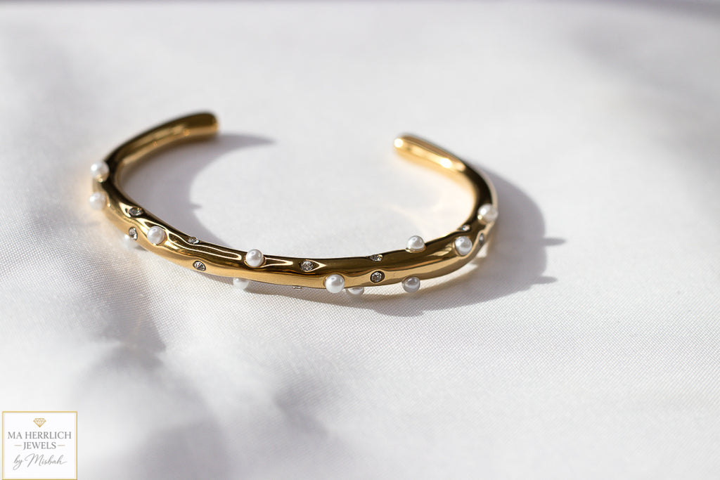 Golden Pearl & Crystal Cuff Bracelet