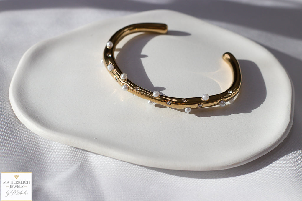 Golden Pearl & Crystal Cuff Bracelet