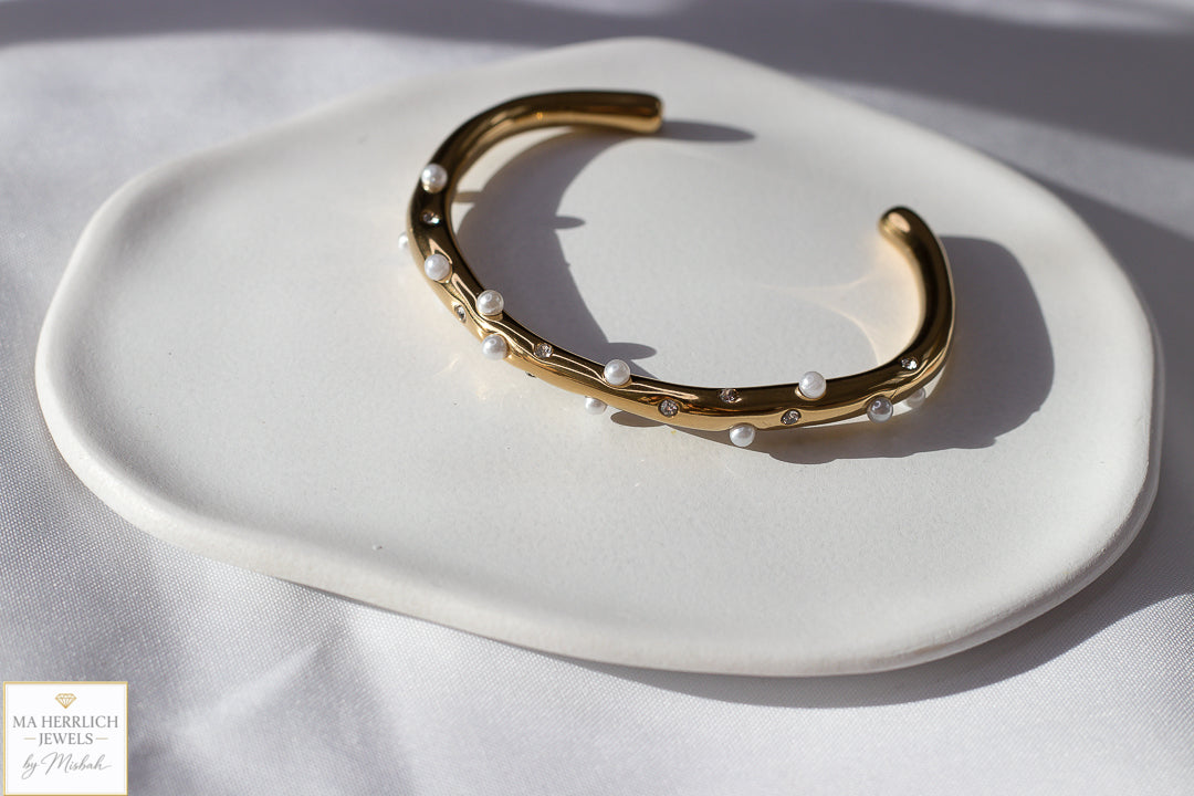 Golden Pearl & Crystal Cuff Bracelet