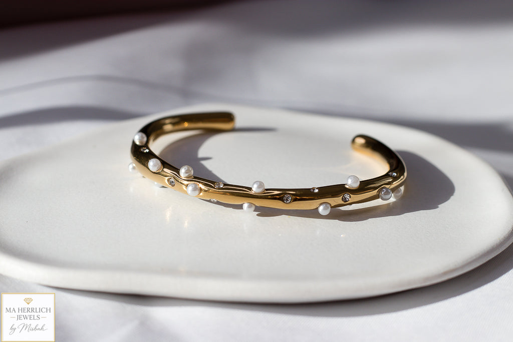 Golden Pearl & Crystal Cuff Bracelet