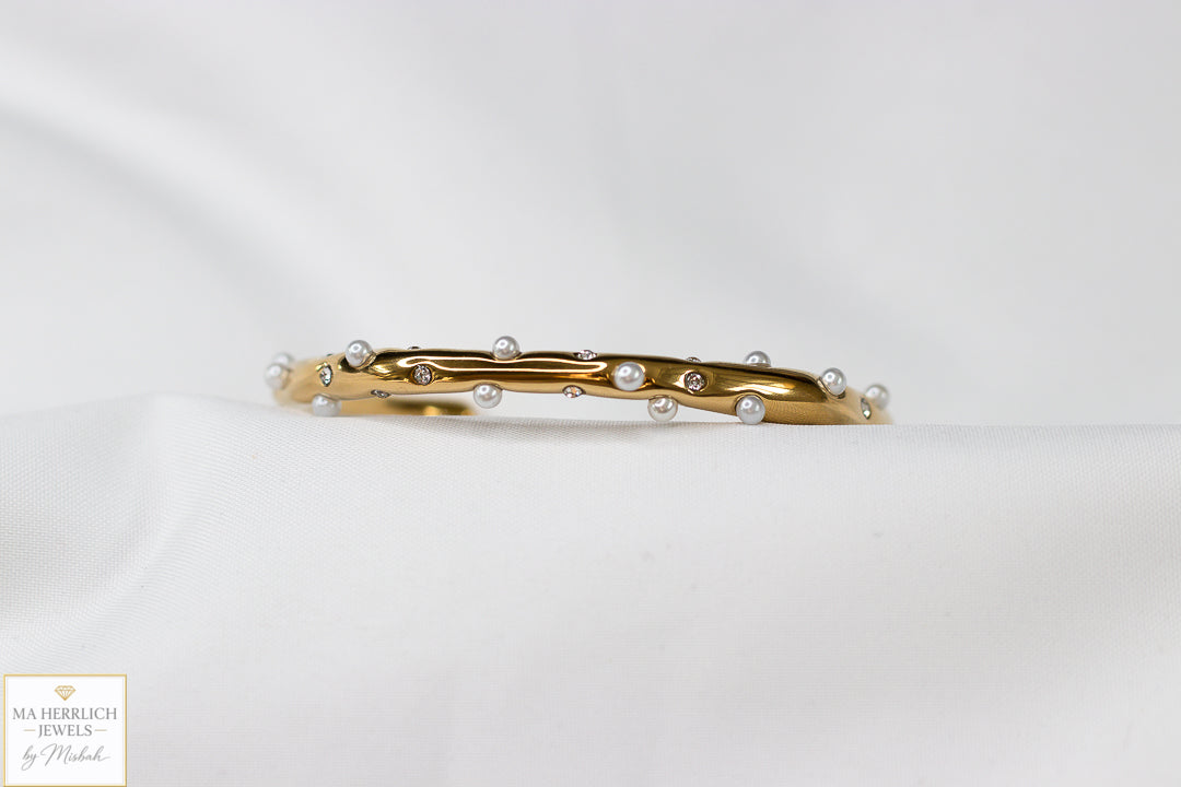 Golden Pearl & Crystal Cuff Bracelet