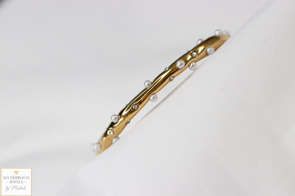 Golden Pearl & Crystal Cuff Bracelet