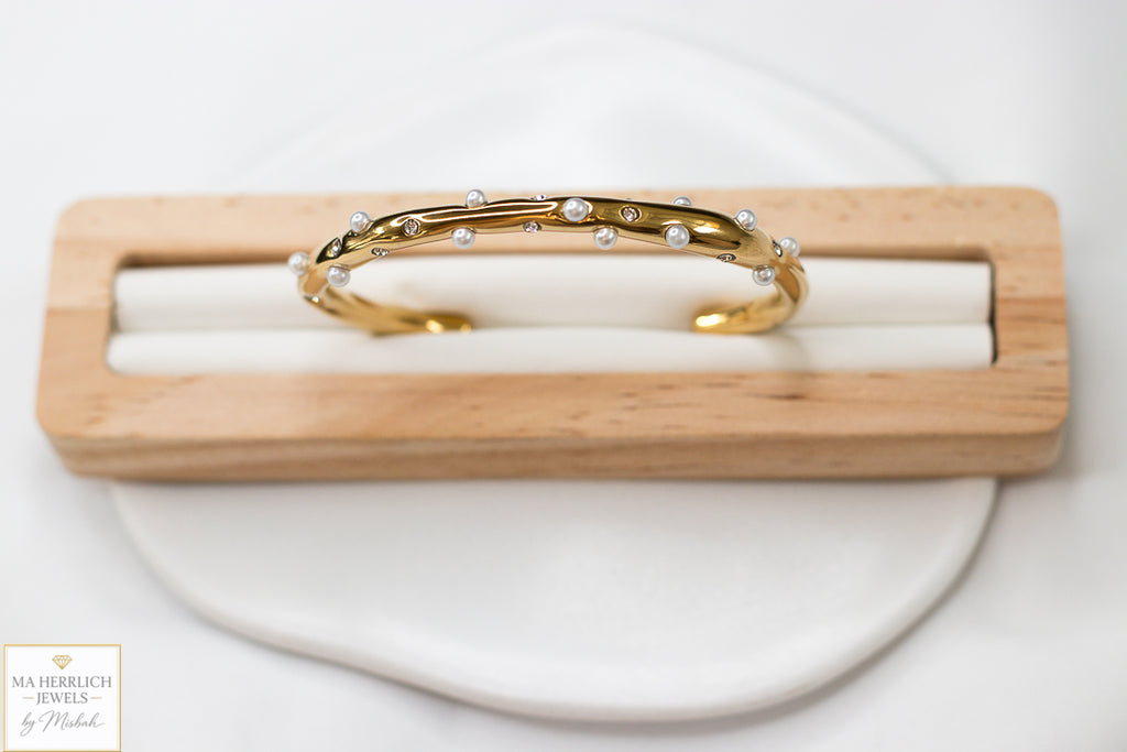 Golden Pearl & Crystal Cuff Bracelet