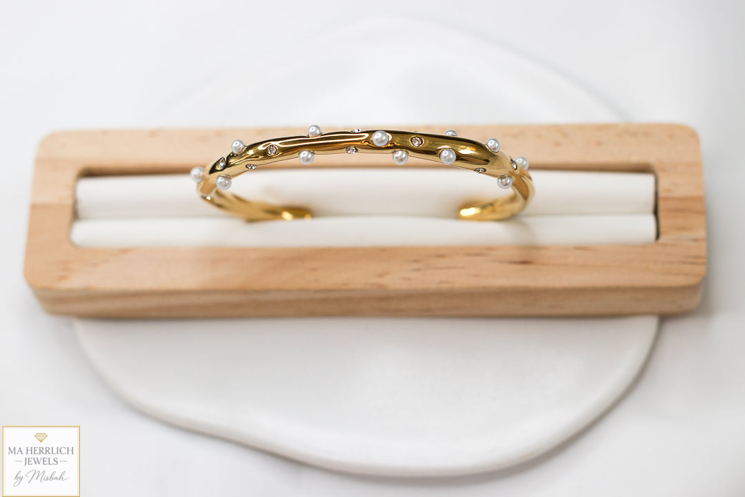 Golden Pearl & Crystal Cuff Bracelet