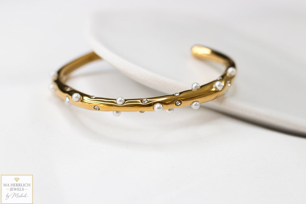 Golden Pearl & Crystal Cuff Bracelet