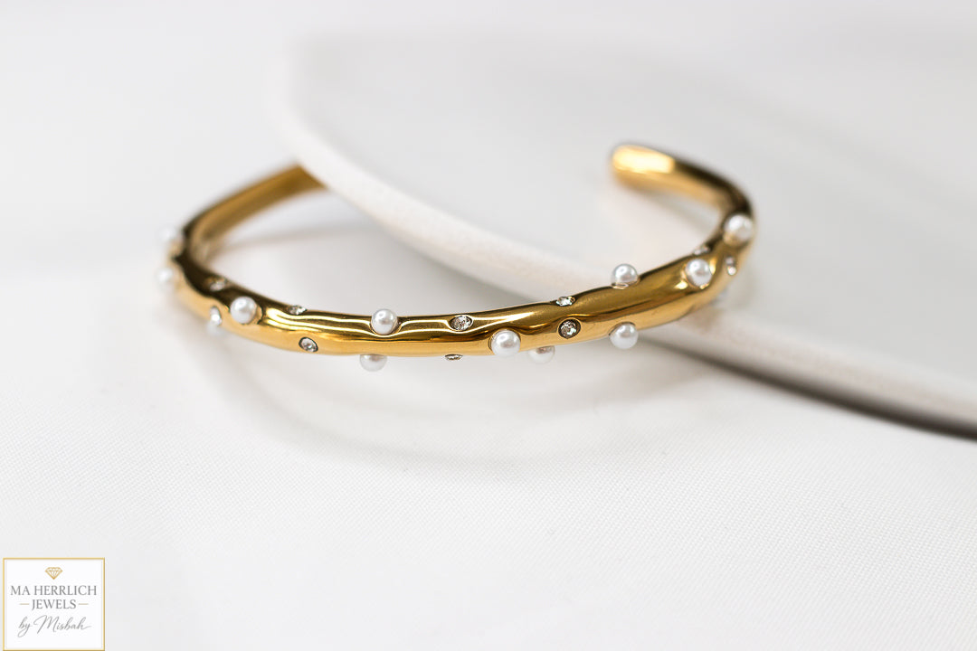Golden Pearl & Crystal Cuff Bracelet