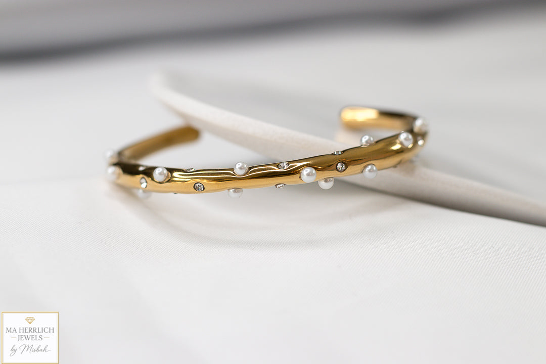 Golden Pearl & Crystal Cuff Bracelet