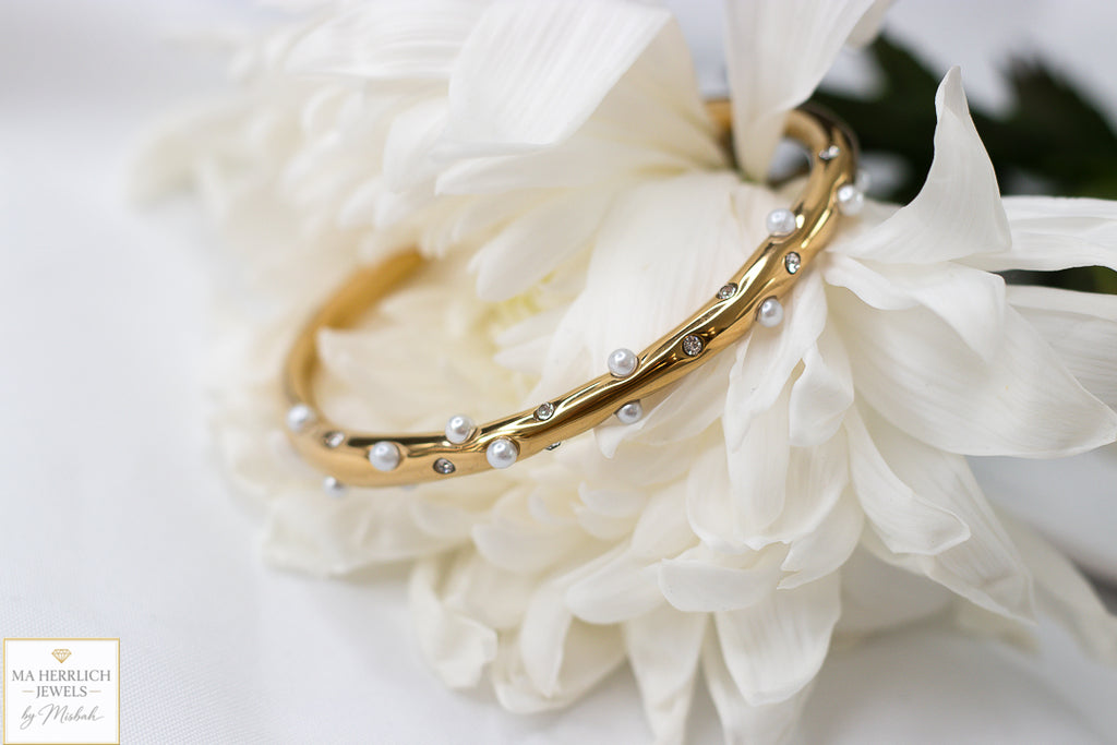 Golden Pearl & Crystal Cuff Bracelet