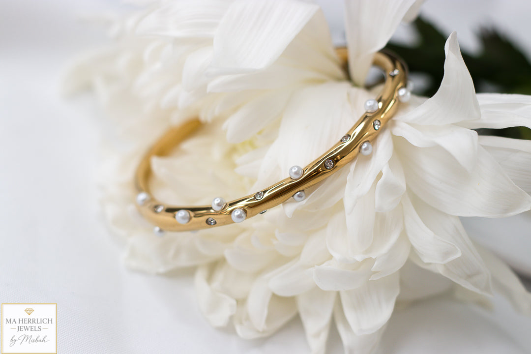 Golden Pearl & Crystal Cuff Bracelet