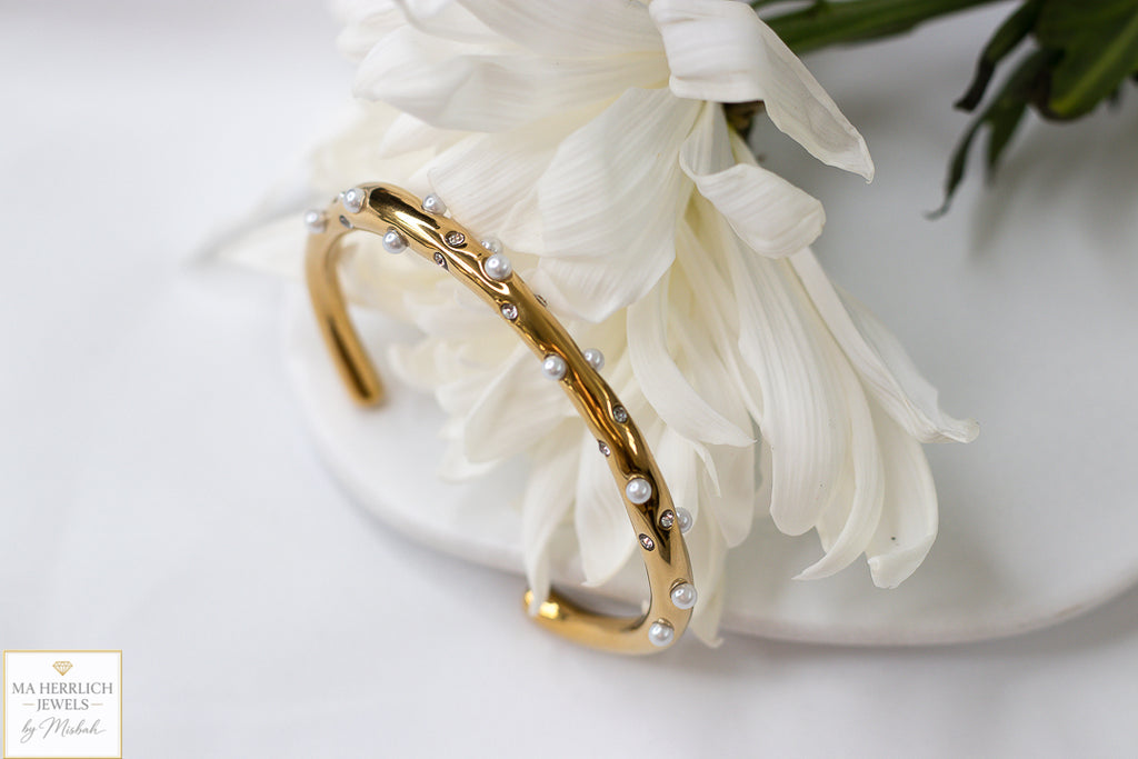 Golden Pearl & Crystal Cuff Bracelet