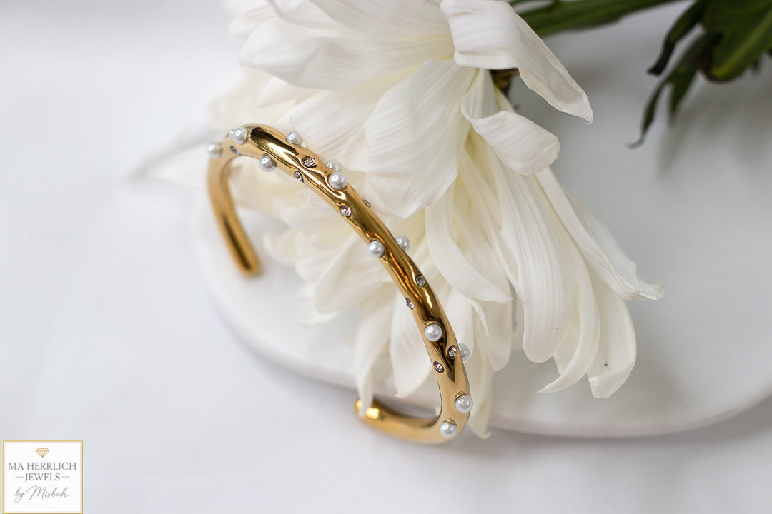Golden Pearl & Crystal Cuff Bracelet