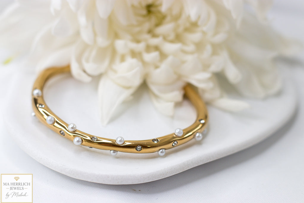 Golden Pearl & Crystal Cuff Bracelet