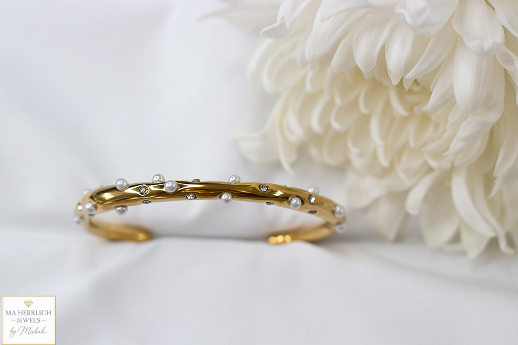 Golden Pearl & Crystal Cuff Bracelet